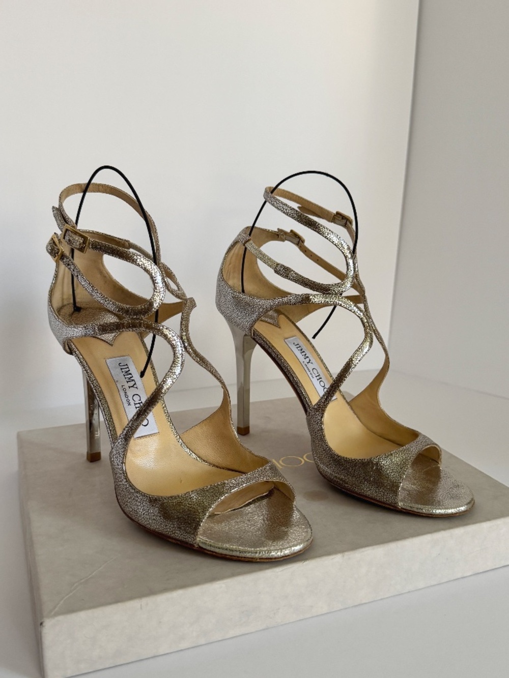 Jimmy Choo Lang Champagne Glitter Heel Sandal 100mm size 38.5, US size 8-8.5